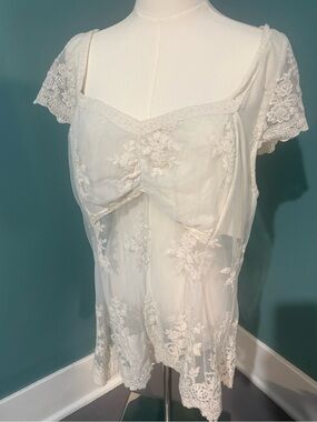 Soft Ivory Embroidered Sheer Lace Babydoll Top – Approx. Women’s 1X/2X (tag: 5x)